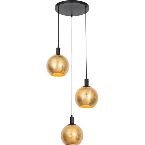 Design-Hängelampe schwarz mit Goldglas 3-flammig - Bert