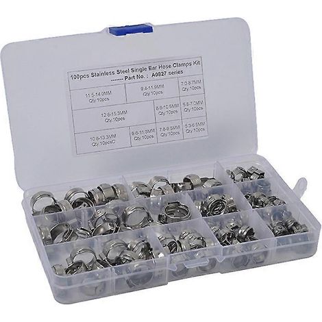 100 colliers de serrage à une oreille en acier inoxydable, 10 types de colliers en O hydrauliques, colliers de serrage pour tuyaux d'air et de carburant-2X2X0.7CM (1/3)