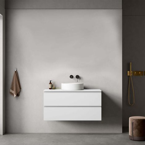 Mobile bagno sospeso 100 cm Bianco Opaco per Lavabo d'appoggio Senza Specchio - Fiji Paint Top (1/4)