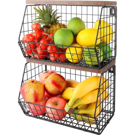 Lot de 2 Corbeilles à Fruits Murales Noires (30x21x16cm) avec Couvercle Bois, pour Légumes et Collations (1/5)