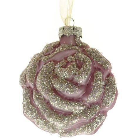 Kaemingk – Boule de Noël fleur de rose – Rose à paillettes dorées, verre, 8 cm