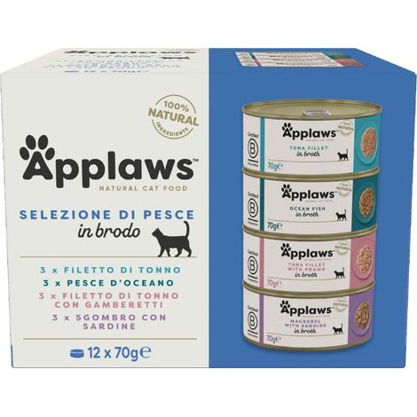 Applaws 100% Naturale Cibo Umido per Gatti Adulti Selezione Mista di Pesce in Brodo - 12 x 70g Lattine (1/5)