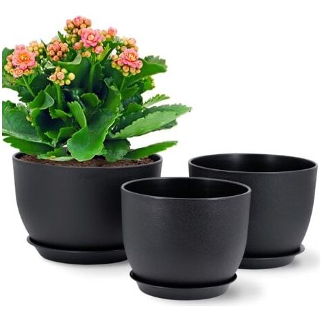 Lot de 3 Pots 18/16/14 cm de Fleurs en Plastique Plantes, Jardinières Modernes avec Trous de Drainage et Soucoupe Détachable, Noir (1/5)
