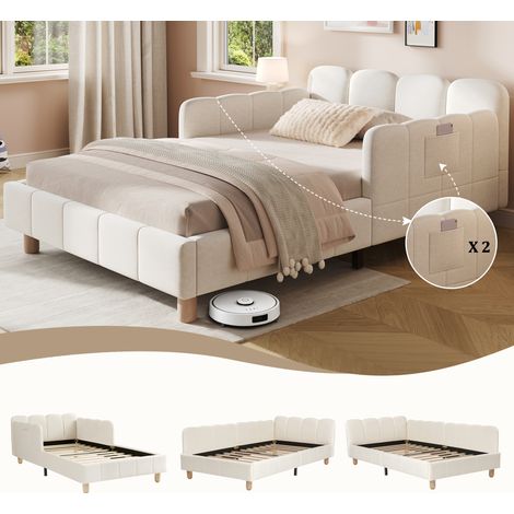 Lit enfant capitonné 90x200cm, sommier simple avec tête capitonnée et barrière de protection, pieds en bois massif, revêtement velours beige, literie complète pour chambre d’enfant. (1/5)