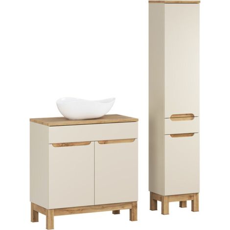 ERMANO Set Kaschmir und Eichenoptik 115cm: Unterschrank + asymmetrisches weißes Aufsatzwaschbecken + Säule