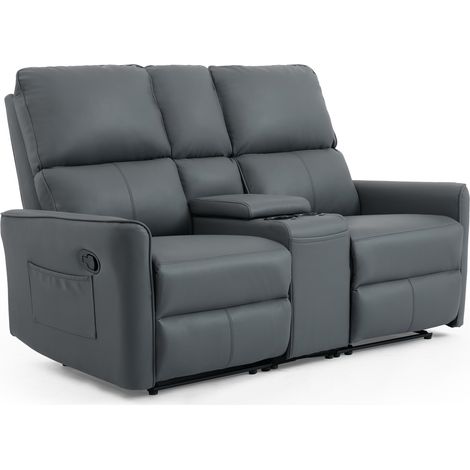 MADRID 2 SEATER w CONSOLE MANUAL RECLINER AIR LEATHER SOFA GREY (1/5)
