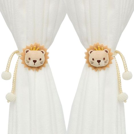 Lot de 2 Embrasse Rideau Lion, Peluche Douce, Fixation Sans Perçage, Décoration Chambre Enfant