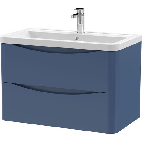 Nuie Lunar Satin Blue 800mm Wall Hung 2 Drawer Vanity Unit and Ceramic Basin - LUN304A (1/3)