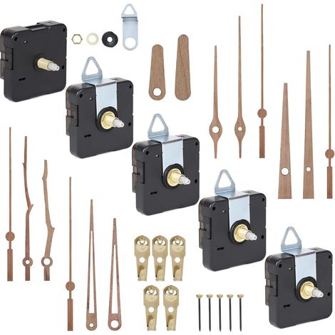 Set mit 5 geräuschlosen Quarz-Wanduhrwerken mit 20-mm-Welle und Zeigern aus Walnussholz, geeignet für Zifferblätter mit einer Dicke von 7 bis 9 mm (Batterien nicht enthalten)