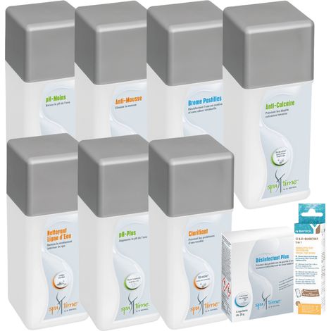 Bayrol – Pack démarrage entretien spa – 8 produits SpaTime – pH Moins, pH Plus, Anti-mousse, Désinfection Plus, Clarifiant, Anti-calcaire, Brome Pastilles, Nettoyant ligne d’eau