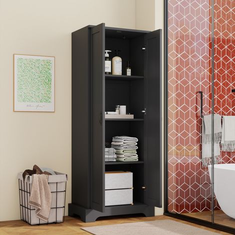 Armoire de salle de bain 56x40x170 cm avec 2 portes, étagères réglables, fermeture douce, MDF - noir (1/5)