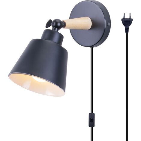 Vintages Appliques Murales Réglable Industrielles en Métal et Bois, Lampe de Mur Luminaire d'intérieur E27 avec Interrupteur 1.8M Corde - Noir (1/4)