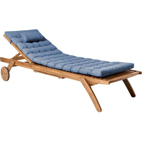 Garden Sun Lounger Blue Brown Acacia Wood Polyester with Cushion Reclining on Wheels with Table CESANA PREMIUM