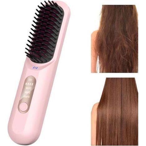 Brosse Lissante Portable pour Voyage - Outil Sans Fil USB Rechargeable Température Réglable avec Fonction Chauffage Rapide, Design Compact, Idéal pour Femmes Hommes, 20x4.5x3.5cm, Rose (1/5)