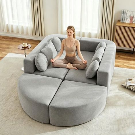 Canapé Modulable fonction lit tissu chenille sans montage gris conception compacte (1/5)