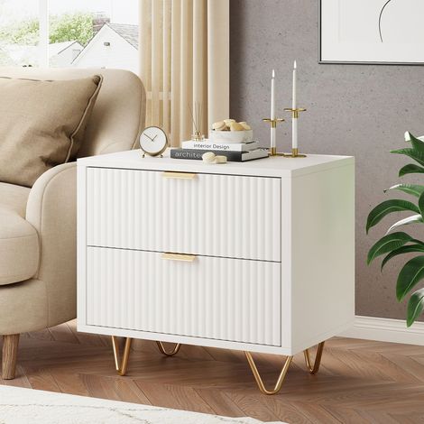 Set di 2 comodini, comodino in legno bianco con 2 cassetti, gambe in metallo, tavolino per soggiorno, tavolino da divano (1/5)