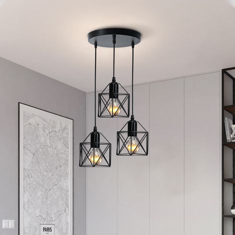 Heilmetz Pendellampeschirm 3 flammige Kronleuchter im Industriestil Vintage Deckenlampe mit Metallschirm E27 Hängelampenschirm, für Schlafzimmer Wohnzimmer Hotel Bar Dekoration Schwarz (1/5)
