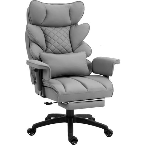 Gaming-Stuhl, ergonomischer Bürostuhl mit Taschenfederkern, Chefsessel mit doppellagiger, weicher Rückenlehne, verstellbarer Lendenwirbelstütze, Armlehnen und Fußstütze, PC-Stuhl, PU, Grau