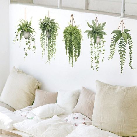 Plantas verdes frescas, cesta colgante, plantas en maceta, sala de estar