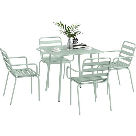 Garten-Set: 5-teiliges Essset für den Außenbereich, bestehend aus 1 Tisch und 4 stapelbaren Stühlen aus grünem Stahl.