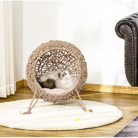 Cuccia per gatti in rattan PE, con cuscino morbido, piedi rialzati, struttura in metallo, marrone (1/5)