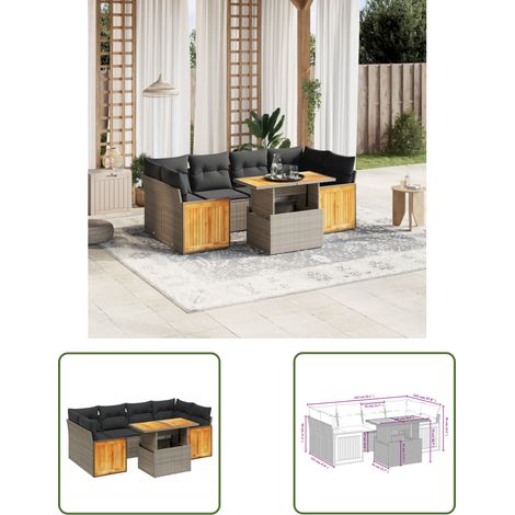 The Living Store Salon de jardin avec coussins 7 pcs gris résine tressée - Ensemble Salon De Jardin - Mobilier De Jardin - Table Extensible - Chaise Lounge - Fauteuil Extérieur (1/3)