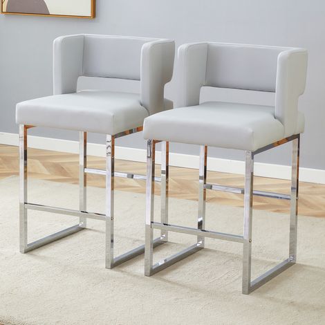 Taburetes de bar 2 uds, 91,4 cm, asiento acolchado en PU gris claro, patas metálicas plata DESVIAE (1/5)