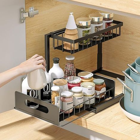 Rangement sous Evier en Fer 2 Niveaux, Coulissant Organiseur sous Évier Etagere Tiroir, Étagère sous Évier pour Cuisine Salle de Bain, Noir (Fer) (1/5)