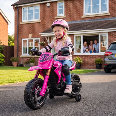 Moto électrique pour enfants de 3 à 8 ans, double moteur 12 V, stabilisateurs et klaxon, vitesse maximale de 3 km/h, capacité de charge de 30 kg, rose (1/5)