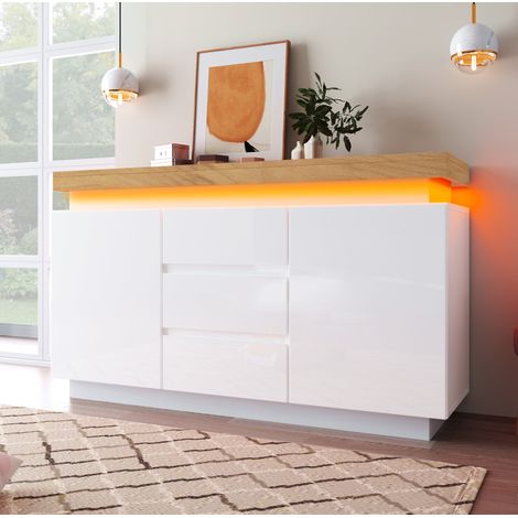 Kommode 140x39x81 cm Weiß Spanplatte und MDF mit Hochglanzfront, LED-Beleuchtung, 2 Türen und 3 Schubladen (1/5)