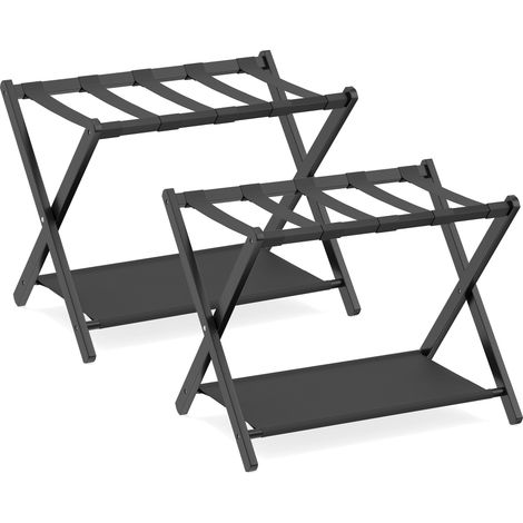Juego de soportes plegables para maletas, bambú, doble compartimento de almacenamiento, negro. (1/5)