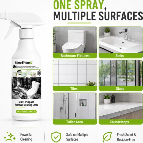 Spray nettoyant multi-usages KineShineX - Élimine les taches et le calcaire des salles de bain, cuisines, carrelages, vitres, éviers et toilettes. (1/4)