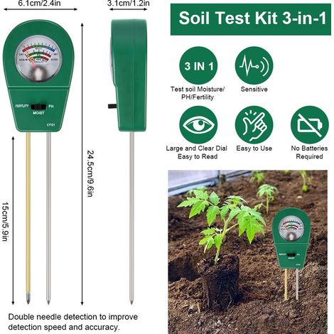 Tester del terreno 3 in 1 per piante, tester di umidità/fertilità/pH del terreno, misuratore di umidità del terreno, per vasi di fiori, giardino, prati, fattoria, agricoltura (non richiede batterie) (1/4)