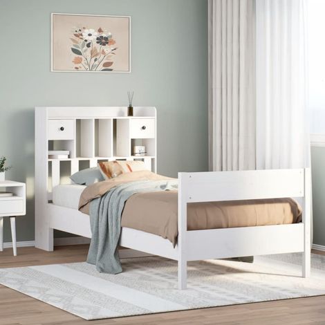 Lit bibliothèque sans matelas blanc 90x190cm bois de pin massif (1/5)