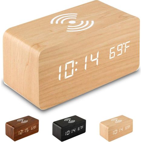 Réveil numérique intelligent avec boîtier en bois et chargement sans fil/affichage de la température (matériaux en bambou et bois, caractères blancs). (1/5)