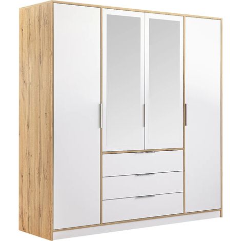 Armadio 4 ante e 3 cassetti Con specchi L196 cm Naturale e Bianco - LAMIKI (1/5)