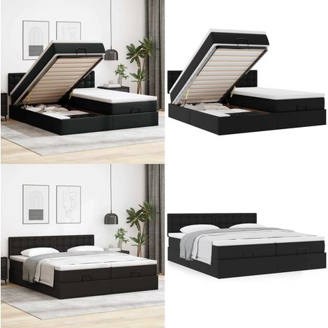 Struttura Letto Pouf con Materassi Nero 180x200 cm Similpelle - Materasso a molle insacchettate - Struttura letto con testiera