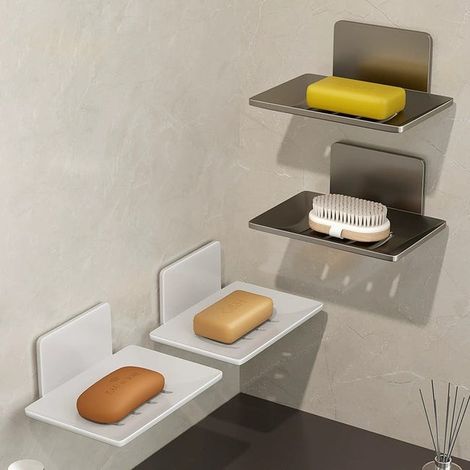 Portasapone da parete, non forato, set da 2, grigio, portasapone in alluminio grigio, portasapone da parete, mensola portaoggetti per bagno (1/4)