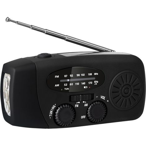 Radio portátil AM/FM/NOAA con energía solar, 3 linternas LED integradas y cargador para teléfono móvil. Color negro. (1/5)
