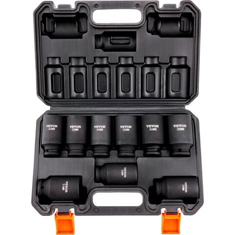 Coffret de douilles à impact 1/2" 9 pièces en acier Cr-Mo, douilles profondes 29-38 mm, idéal pour réparation automobile, avec rangement. (1/5)