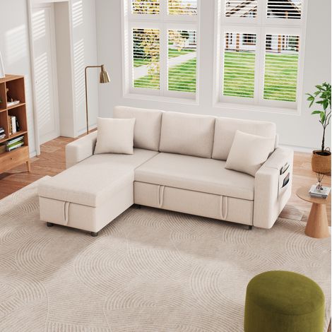 Canapé d'angle convertible 3-4 places avec coffre, méridienne réversible, 2 coussins, tissu beige, style moderne pour salon et chambre d'amis - CHICFURN (1/5)