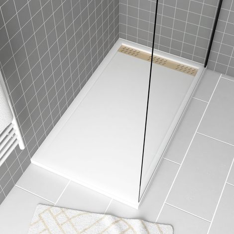 Plato de ducha Acrílico blanco 80x140x5 cm + Rejillas Lineales Cromada y Oro Cepillado - WHITENESS II