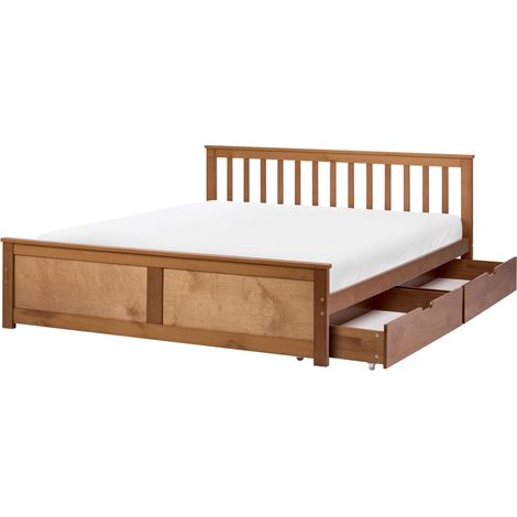 Bed Frame Brown Pine Wood MDF Storage Set of 2 Drawers EU King Size 5ft3 Headboard Minimalist OLENDON