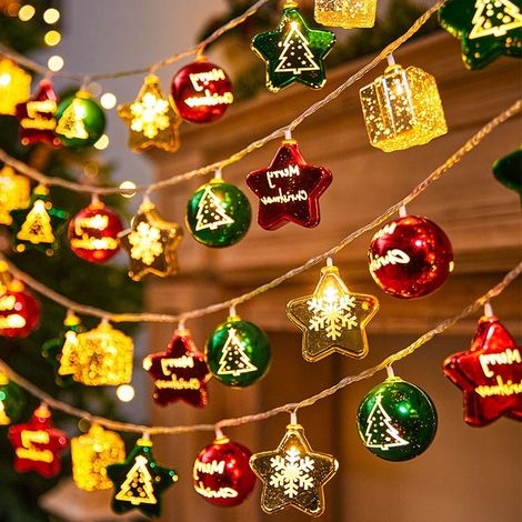 Guirlande Lumineuse Boule - Boules Creuses en Plastique avec Motifs Noël - Alimentation Piles - Décoration Intérieure Extérieure - 10 Pièces (1/5)