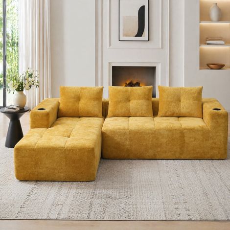 Canapé d'angle 255x161x64 cm jaune avec porte-gobelets, tissu chenille MEUBLIV (1/5)