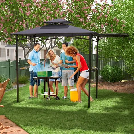 Abri barbecue gris foncé 318 x 153 cm en métal avec double toit, auvent latéral, 2 étagères et crochets pour jardin et terrasse (1/5)