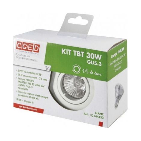 Kit spot halogene 30W orientable blanc Ø 82mm avec lampe GU5.3 12V 540lm variable angle 36° et transfo 230V IP20 THORN 96262286 (1/2)
