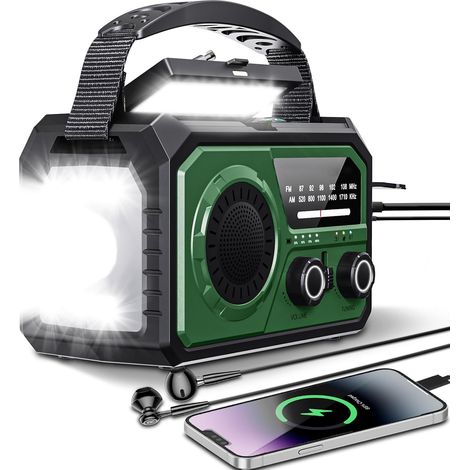 16000 Notfall-Solarradio, tragbares Handkurbelradio, AM/FM-Solarradio mit Kompass, USB-Handy-Ladegerät, Taschenlampe, SOS-Alarm für Outdoor-Camping-Wandern (Armeegrün) (1/5)