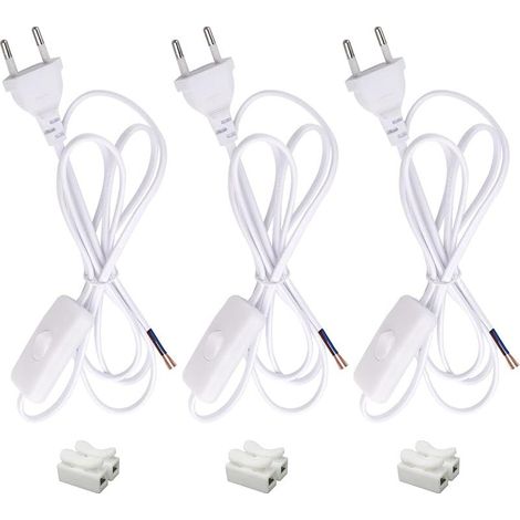 3 Pièces Cordon avec Interrupteur 1,8M Câble d'alimentation avec Euro Fiche, 2 x 0,5 mm², 2 x Câbles de Connexion Câbles de Lampe avec Interrupteur pour Lumières, Lampes, Lampadaires (Blanc) (1/5)