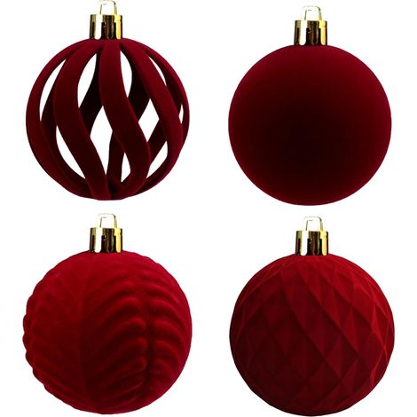 Lot de 16 boules de Noël en velours, diamètre : 8 cm, rouge, floquées, ornements pour sapin de Noël, vacances, maison, fête de Noël (1/2)
